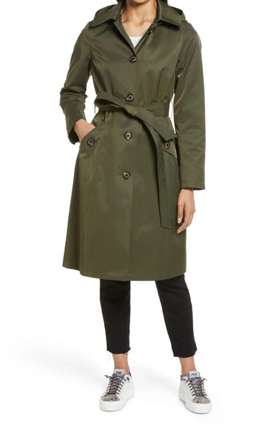 Sam Edelman Water Repellent Belted Trench Coat With Removable Hood In Forest Green