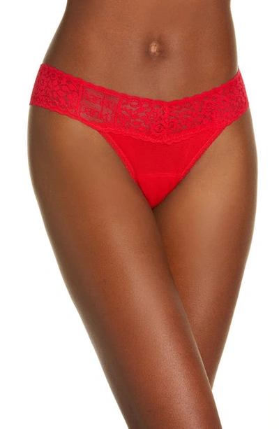 Hanky Panky Mid Rise Lace Trim Thong In Red