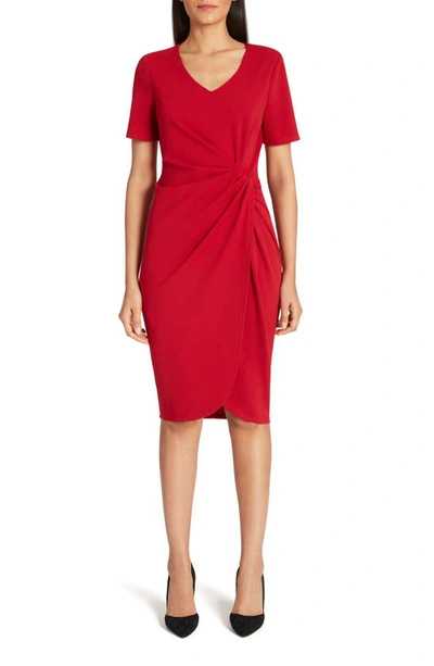Tahari Asymmetrical Knot Sheath Dress In Garnet Red