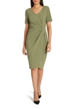 Tahari Asymmetrical Knot Sheath Dress In Olive