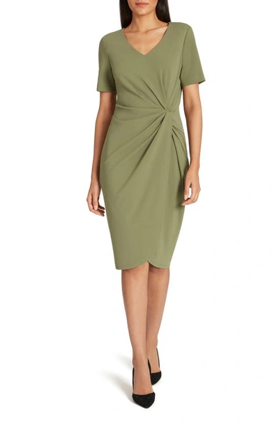 Tahari Asymmetrical Knot Sheath Dress In Olive