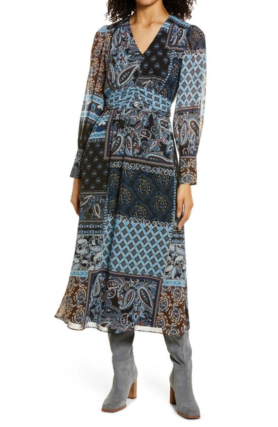 Julia Jordan Mixed Scarf Print Long Sleeve Midi Dress In Navy Multi