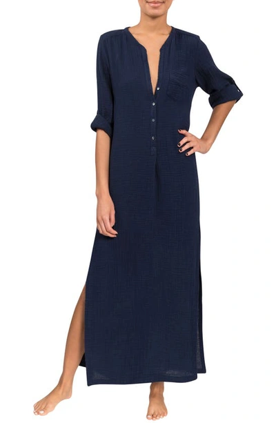 Everyday Ritual Tracy Gauze Cotton Henley Caftan In Navy