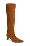 Staud Eva Square-toe Croc-embossed Leather Ankle Boots In Tan Suede