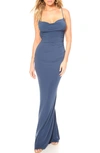 Katie May Surreal Open Back Ruched Stretch Jersey Gown In Deep Sea
