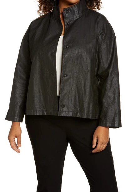 Eileen Fisher Stand Collar Cotton & Linen Jacket In Black