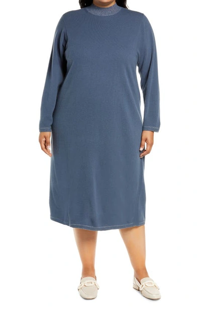 Lafayette 148 Sparkle Long Sleeve Wool-blend Midi Dress In Niagara Blue