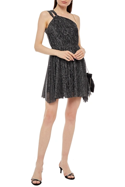 Maje One-shoulder Gathered Metallic Knitted Mini Dress In Black