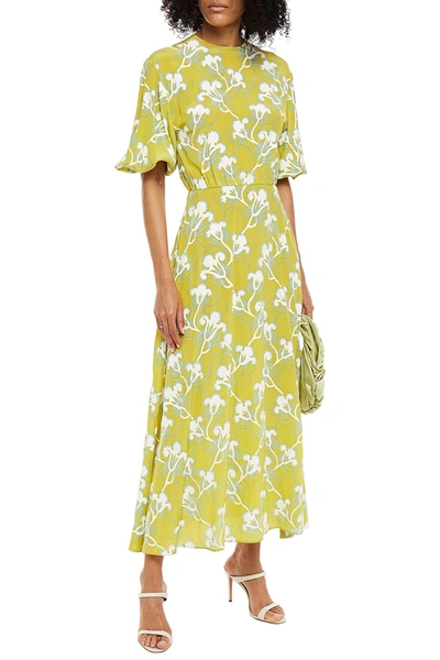 Valentino Gathered Printed Silk Crepe De Chine Midi Dress In Lime Green