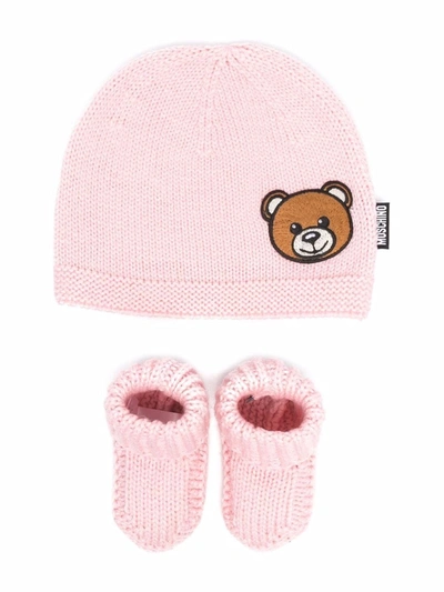 Moschino Babies' Knitted Hat Set In Pink