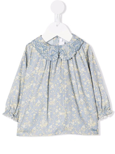 Chloé Babies' 刺绣领花卉罩衫 In Blue