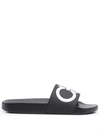 Ferragamo Gancini-print Open-toe Slides In Black