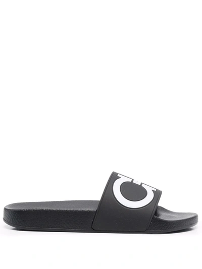 Ferragamo Groove Gancini Pool Slide Sandals In Black