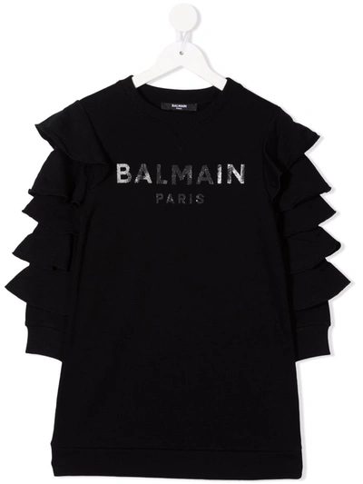 Balmain Kids' Metallic Logo-print Ruffled Jumper Dress In 黑色