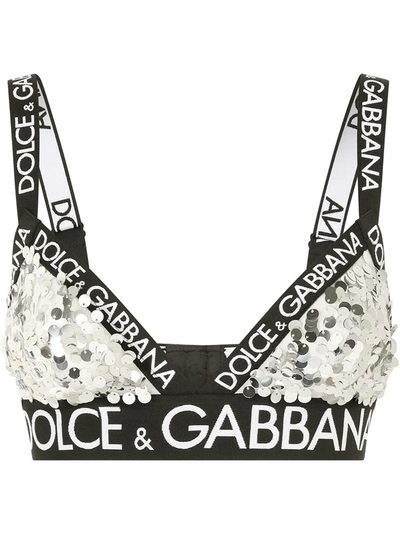 Dolce & Gabbana Sequined Triangle Bra With Branded Elastic In Grey