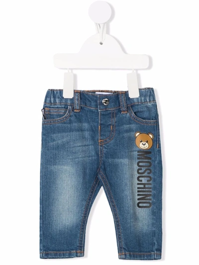 Moschino Babies' Mid-wash Logo-print Jeans In Blue