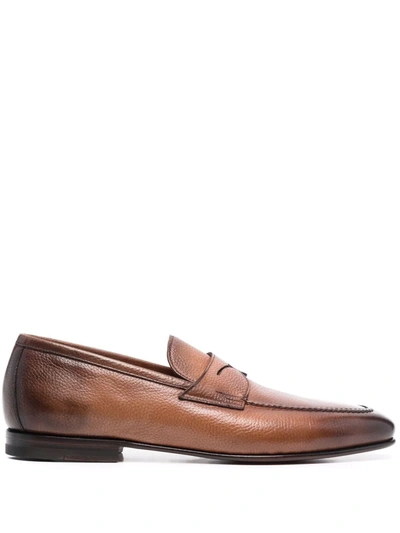 Santoni Penny Leather Loafers In Brown