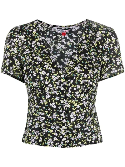 Tommy Jeans Floral-print Buttoned-up Blouse In Black