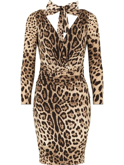 Dolce & Gabbana Tie-back Leopard-print Silk-blend Jersey Dress In Brown