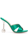 Aquazzura Yes Darling Embellished-heel Satin Mules In Grün