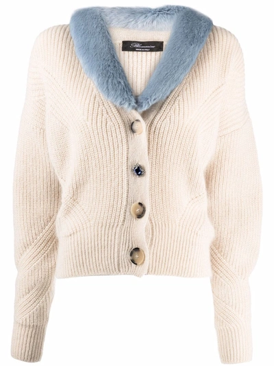 Blumarine Beige Wool Cardigan With Blue Eco-fur In 中性色