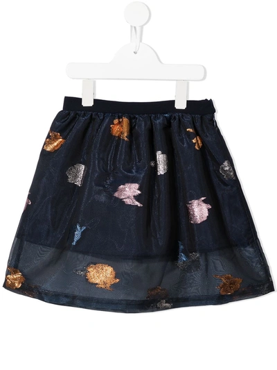 Hucklebones London Kids' Rose-embroidered Organza Midi Skirt In Blue