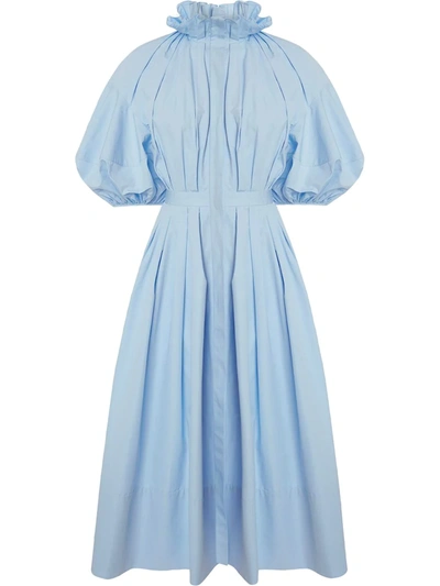 Alexander Mcqueen Ruffled Pleated Cotton-poplin Midi Dress In Pale Blue