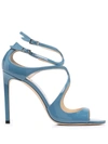 JIMMY CHOO LANG 100 SANDAL IN LIGHT BLUE PATENT LEATHER,LANG PAT BUTTERFLY BLUE