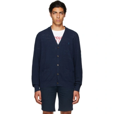 Polo Ralph Lauren Logo-embroidered Waffle-knit Cotton And Linen-blend Cardigan In Blue