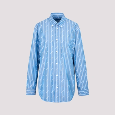 Balenciaga Stripe Logo Cotton Shirt In Blu/bianco