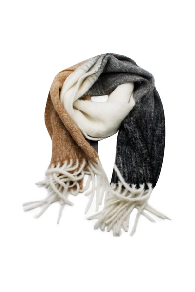 Lorena Antoniazzi Large And Wide Scarf In Alpaca With 3-colored Fringes Measures 180 X 45 In Grey