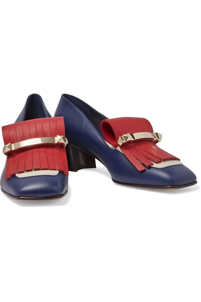 Valentino Garavani Uptown Studded Fringed Color-block Leather Pumps In Navy