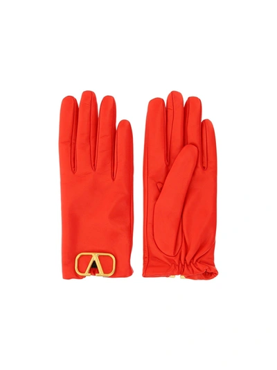 Valentino Garavani Goldtone Logo Leather Gloves In Red