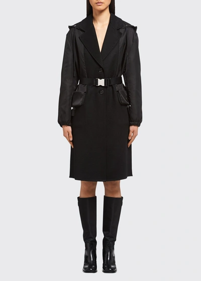 Prada Mixed-media Hooded Cashmere Coat In F0806neronero