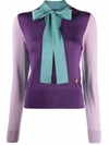 Dolce & Gabbana Long-sleeved Multi-colored Silk Sweater With Pussy-bow And Dg Embellishment In Blau