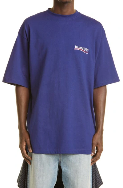 Balenciaga Campaign Logo Large Fit Cotton Crewneck T-shirt In Blue