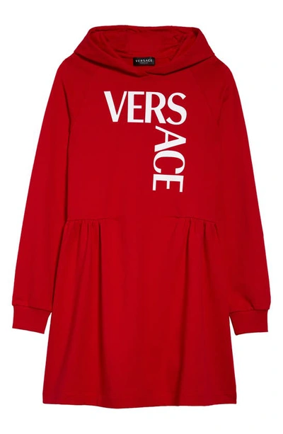 Versace Kids' Logo印花棉质连帽卫衣裙 In Red