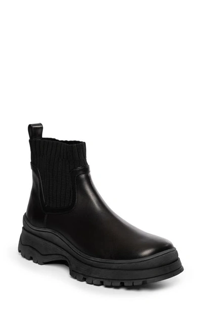 Staud Bow Leather And Ribbed-knit Ankle Boots In Black