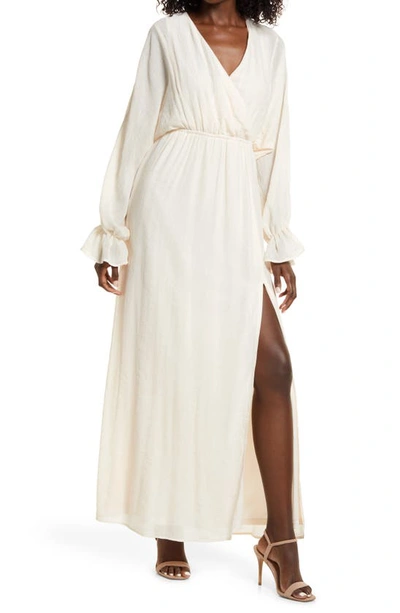 Lulus Heart's Whim Long Sleeve Faux Wrap Dress In Cream