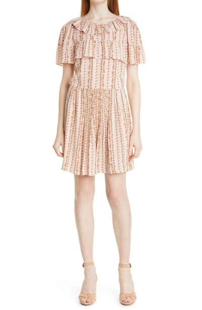 See By Chloé Ruffled Floral-print Crepe De Chine Mini Dress In Pink