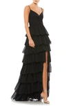 Mac Duggal Tiered Ruffle Empire Waist Chiffon Gown In Black