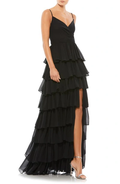 Mac Duggal Tiered Ruffle Empire Waist Chiffon Gown In Black