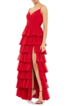 Mac Duggal Tiered Ruffle Empire Waist Chiffon Gown In Red