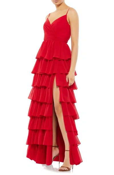 Mac Duggal Tiered Ruffle Empire Waist Chiffon Gown In Red