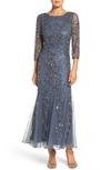 Pisarro Nights Illusion Sleeve Beaded A-line Gown In Deep Slate
