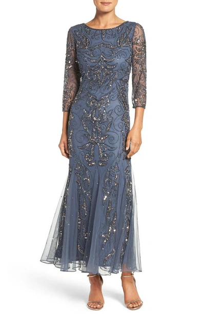 Pisarro Nights Illusion Sleeve Beaded A-line Gown In Deep Slate