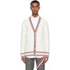THOM BROWNE WHITE HERITAGE CABLE RWB STRIPE RELAXED FIT CARDIGAN