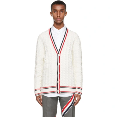 Thom Browne White Heritage Cable Rwb Stripe Relaxed Fit Cardigan In Weiss