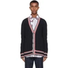 THOM BROWNE NAVY HERITAGE CABLE RWB STRIPE RELAXED FIT CARDIGAN