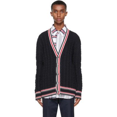 Thom Browne Navy Heritage Cable Rwb Stripe Relaxed Fit Cardigan In Blue